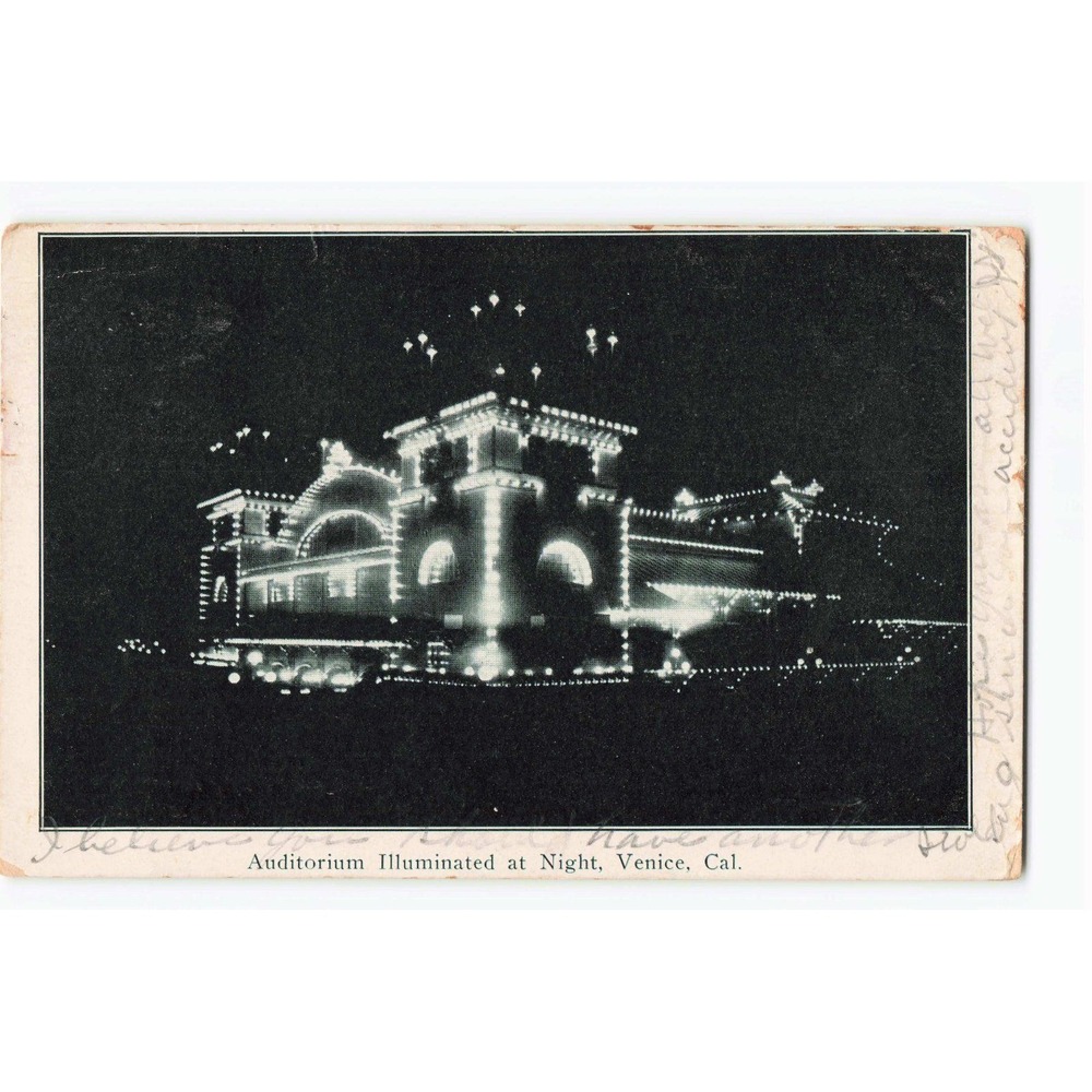 Vintage 1906 Venice California Auditorium Illuminated at Night Postcard M Rieder